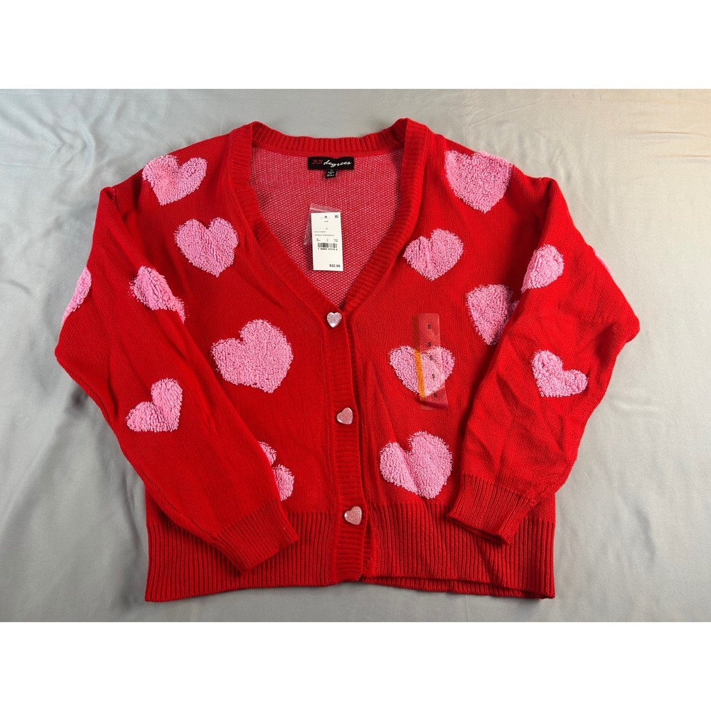 33 Degrees Women Red Pink Heart Cardigan Sweater V-Neck Button Front S94508TGT S